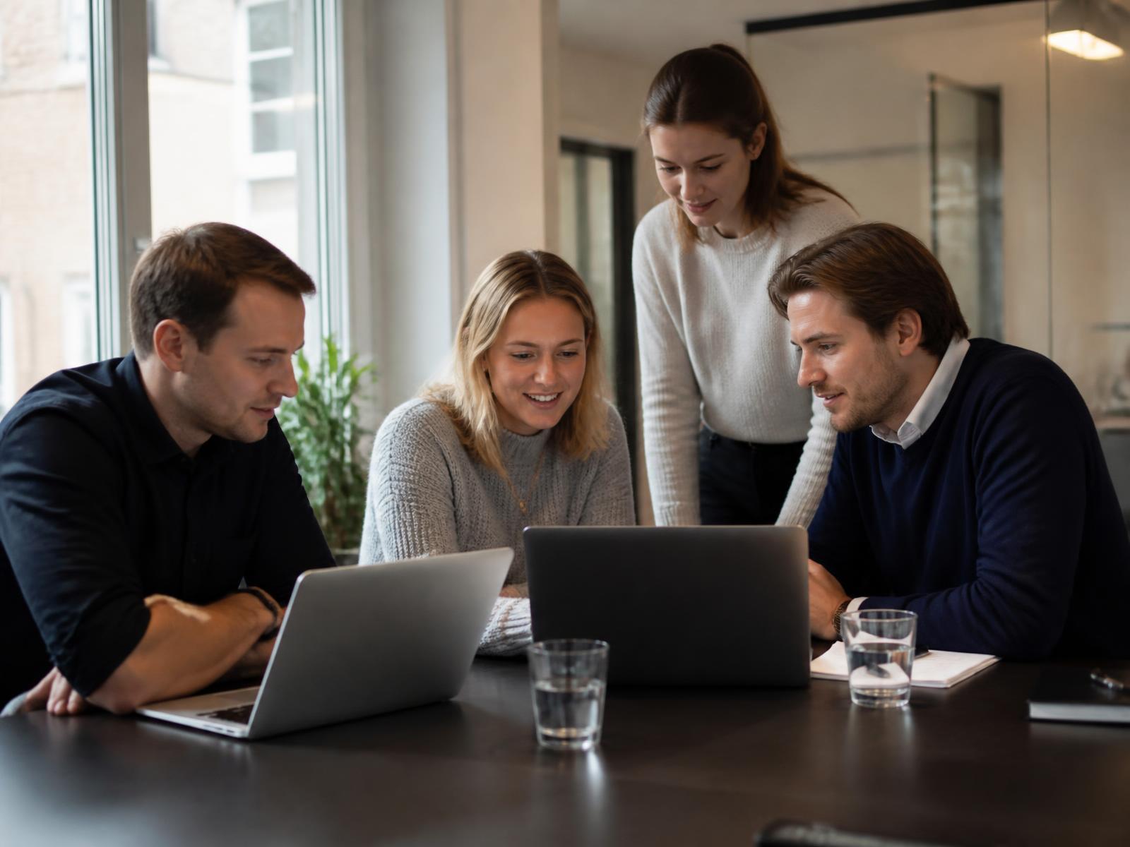Equipo pequeño de empresa conversando en la oficina