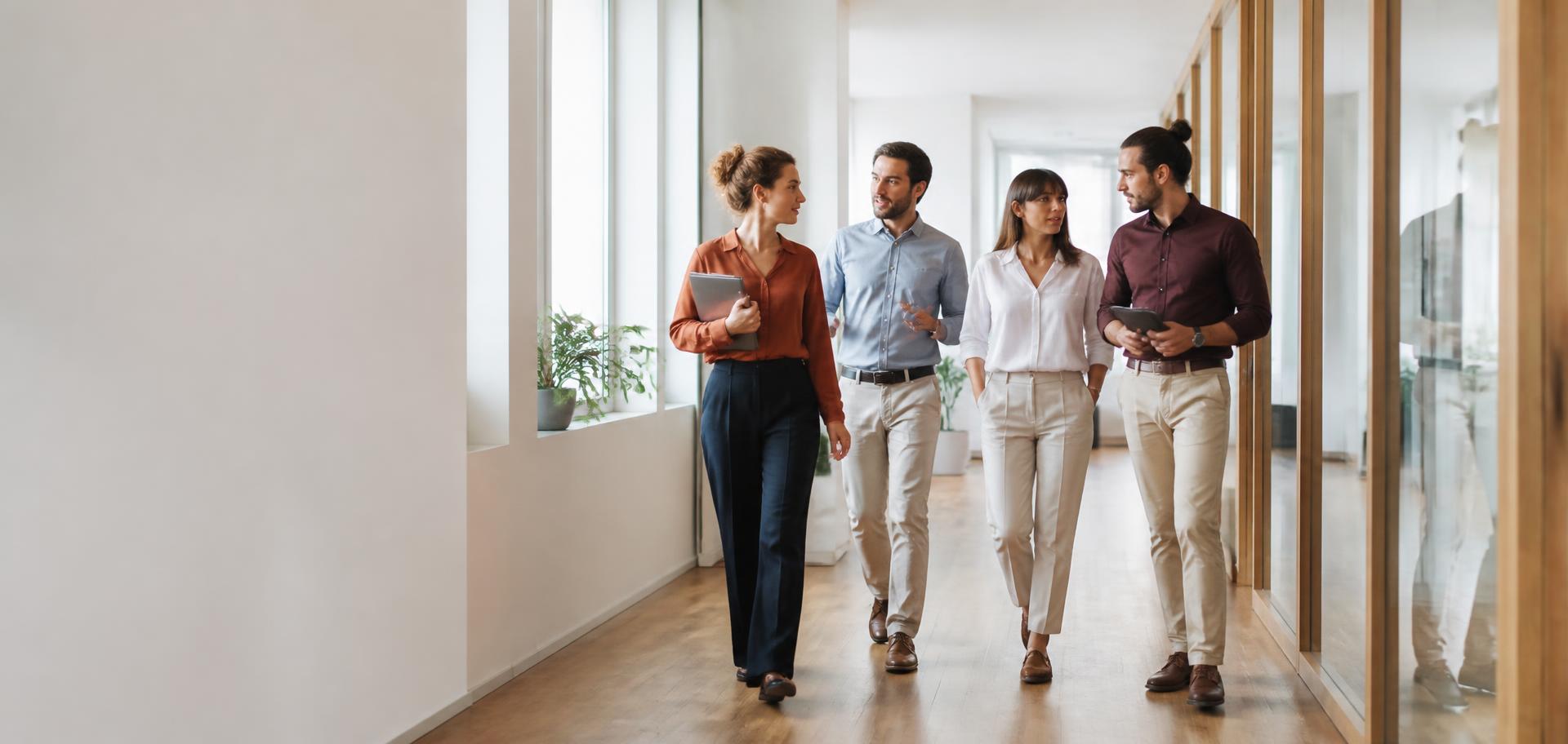 Equipo de empresa caminando por una oficina luminosa